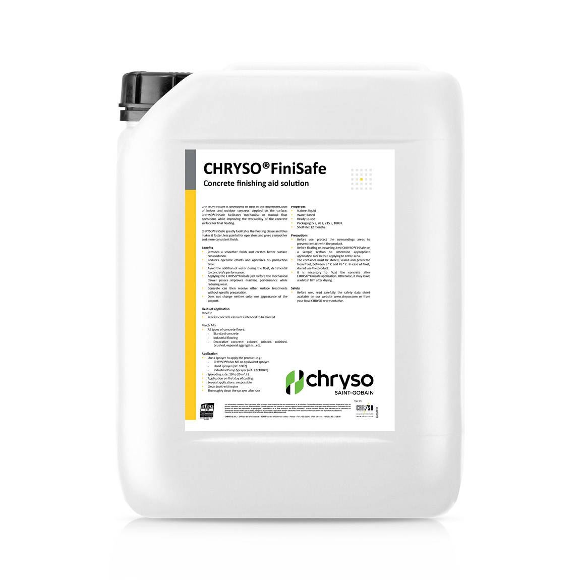 CHRYSO®FiniSafe is a concrete finishing aid that lubricates the surface for faster, easier finishing. This product acts as a safety net, giving finishers more time on the slab. Available from Speedcrete, United Kingdom.