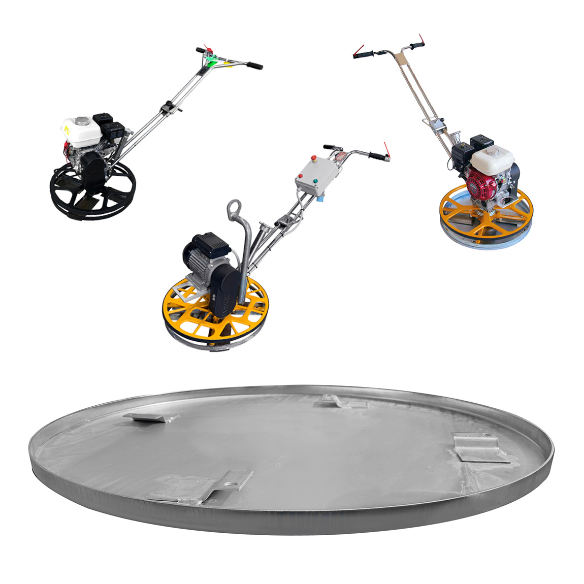 Concrete finishing trowels are used during the finishing stages of concrete floors. These pans are used before being removed to expose the trowel blades. Available from Speedcrete, United Kingdom.