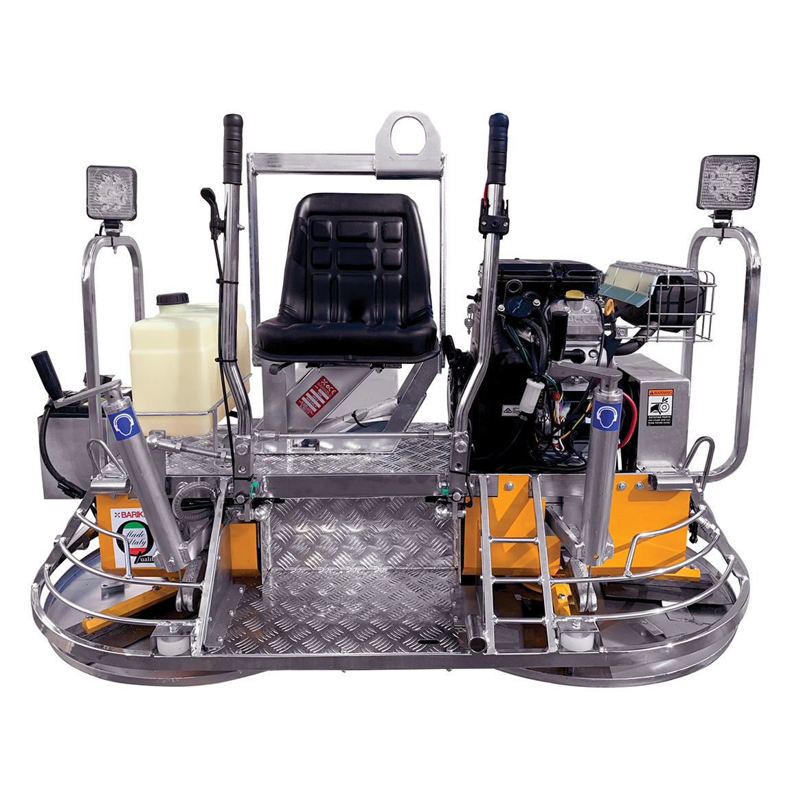 The mini ride on trowel for concrete finishing is made by Italian manufacturer Barikell and supplied in the United Kingdom via Speedcrete. This 8 blade float will produce flat concrete in tight spots and has pitch variation.
