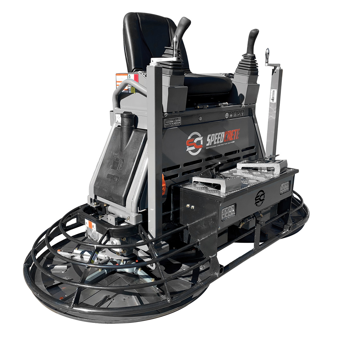 Concrete finishing and levelling power trowel. This five blade hydraulic machine is supplied by Speedcrete for concrete professionals in the United Kingdom.