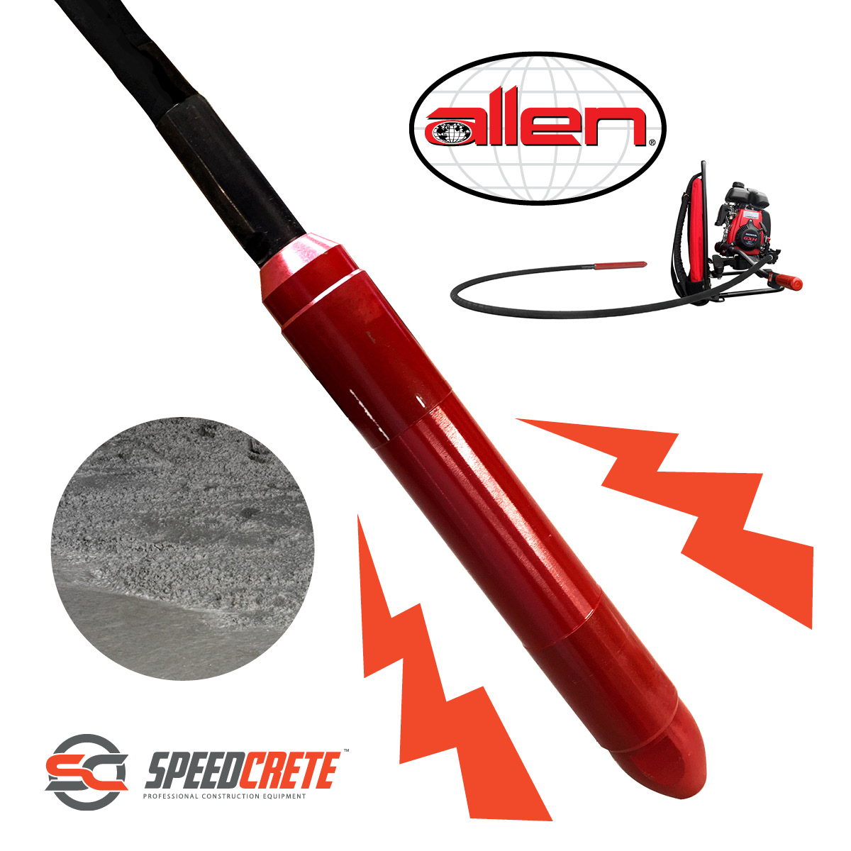 The backpack poker from Allen Engineering has a Honda GXH50 petrol powered engine which is connected to an ergonomically designed backpack. This concrete poker can be purchased via Speedcrete, United Kingdom.