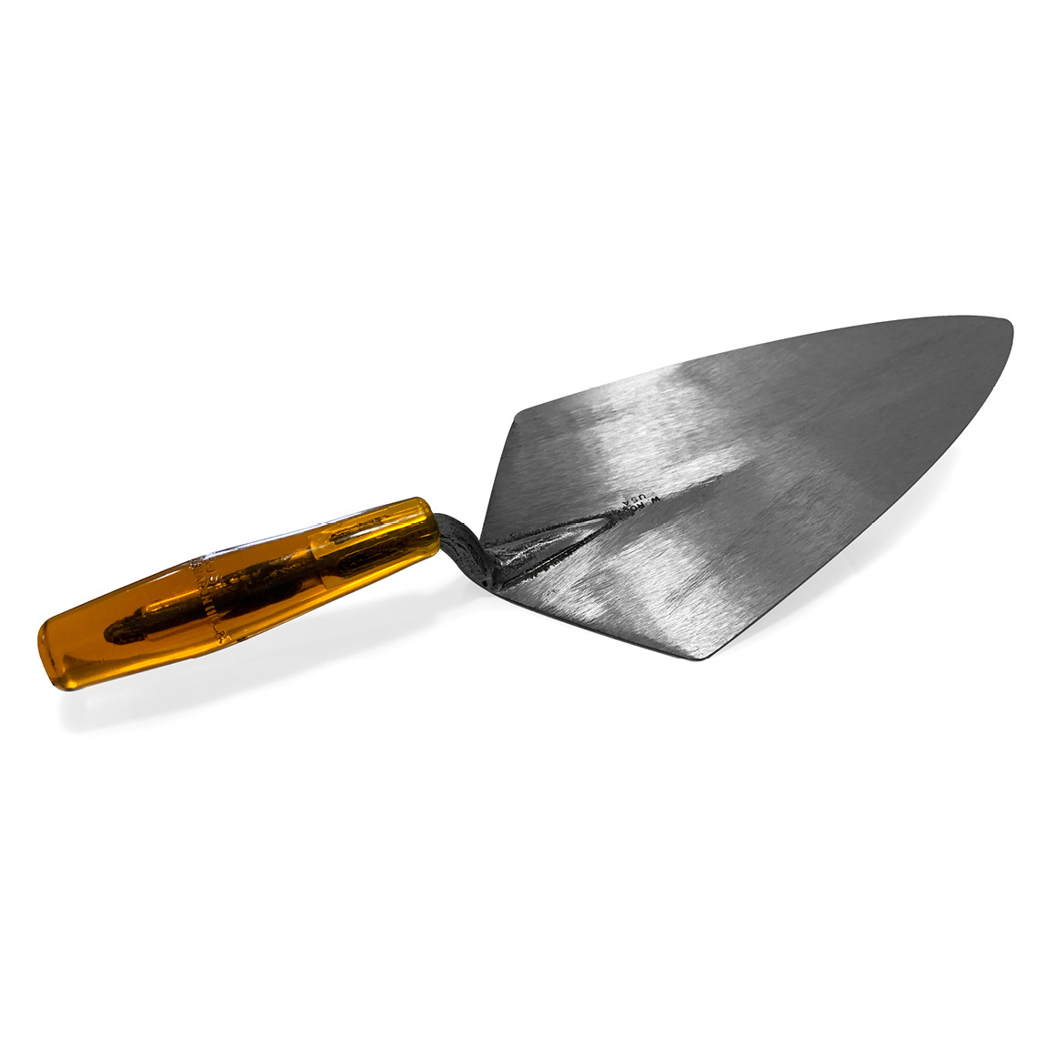 Wide heel W.Rose brick trowels with an amber plastic handle are available in the United Kingdom via Speedcrete. These masonry tools are made from a single piece of forged crucible steel and are used by professional brick layers. 