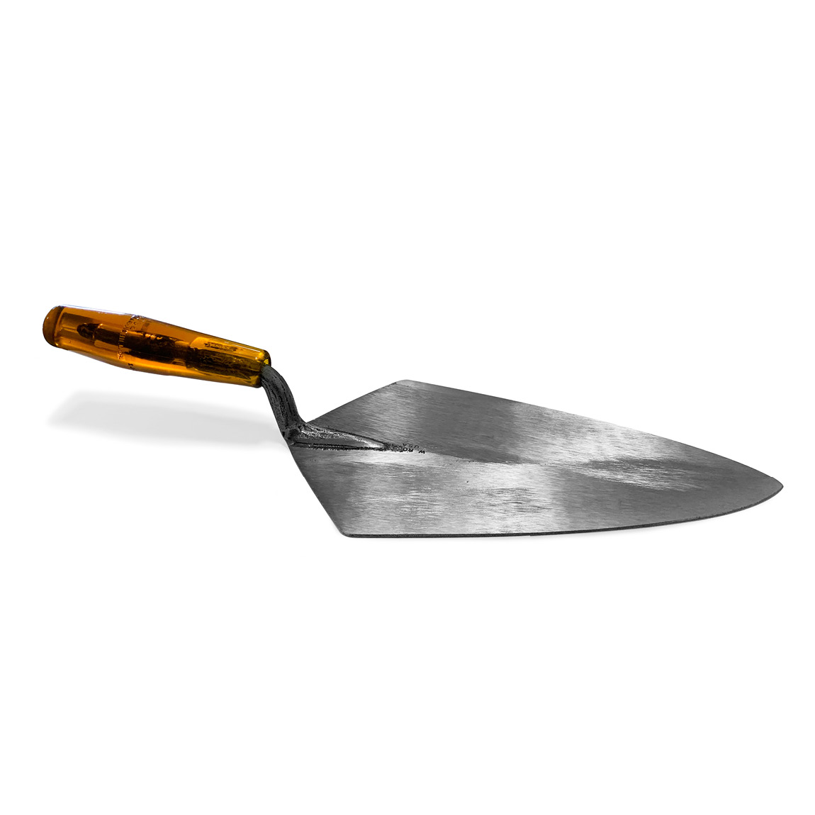 Wide heel W.Rose brick trowels with an amber plastic handle are available in the United Kingdom via Speedcrete. These masonry tools are made from a single piece of forged crucible steel and are used by professional brick layers. 