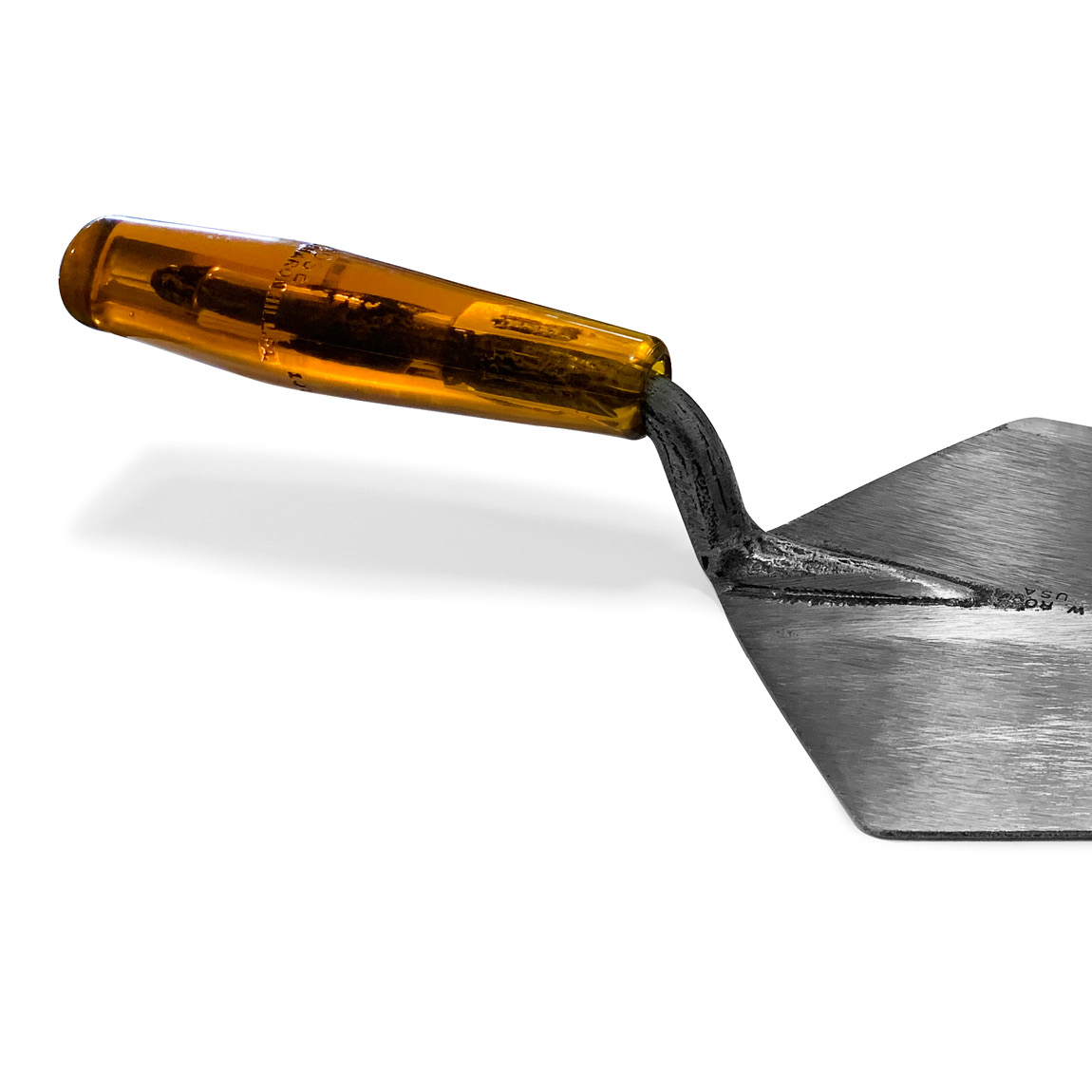 Wide heel W.Rose brick trowels with an amber plastic handle are available in the United Kingdom via Speedcrete. These masonry tools are made from a single piece of forged crucible steel and are used by professional brick layers. 