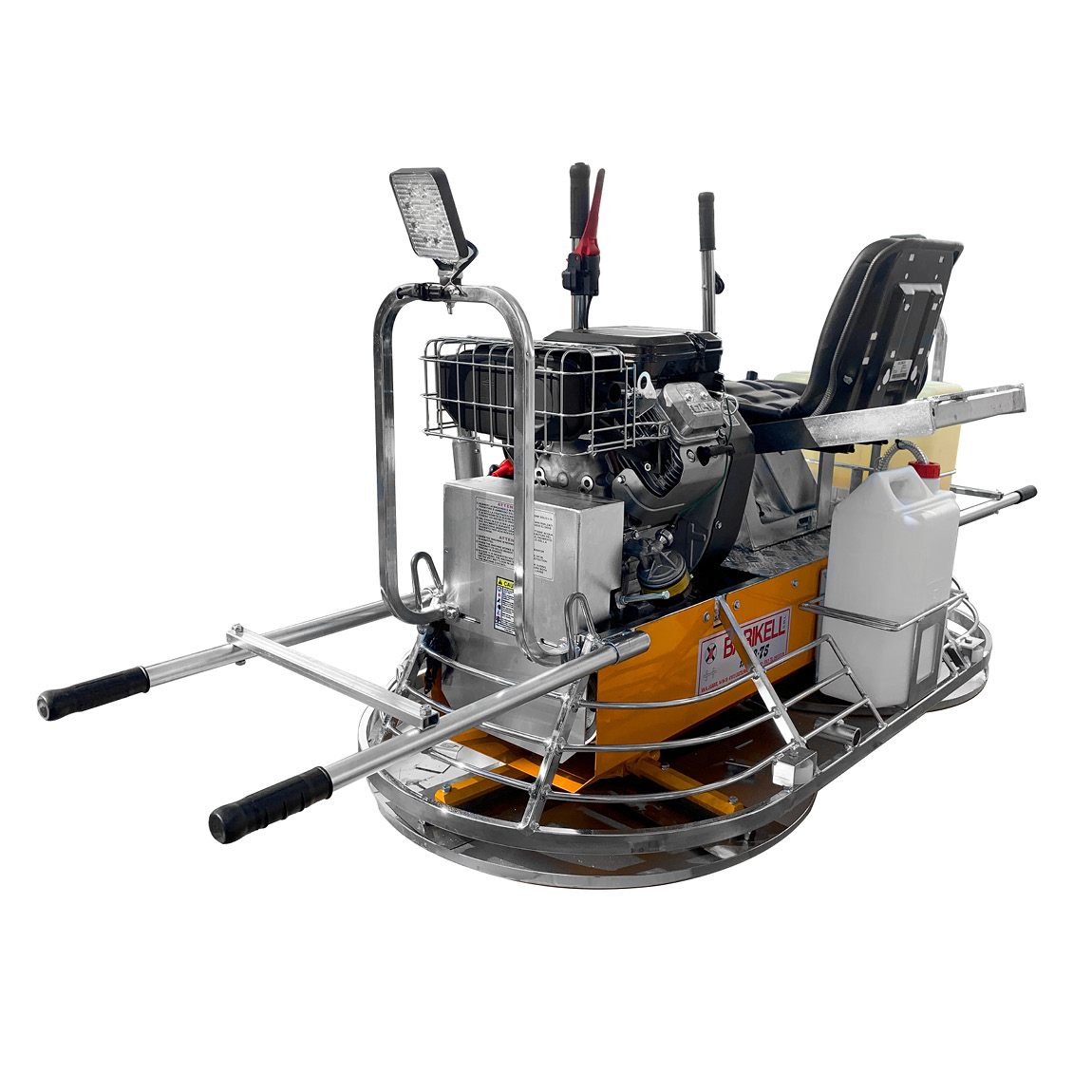 The mini ride on trowel for concrete finishing is made by Italian manufacturer Barikell and supplied in the United Kingdom via Speedcrete. This 8 blade float will produce flat concrete in tight spots and has pitch variation.