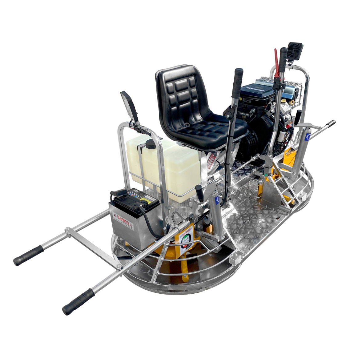The mini ride on trowel for concrete finishing is made by Italian manufacturer Barikell and supplied in the United Kingdom via Speedcrete. This 8 blade float will produce flat concrete in tight spots and has pitch variation.