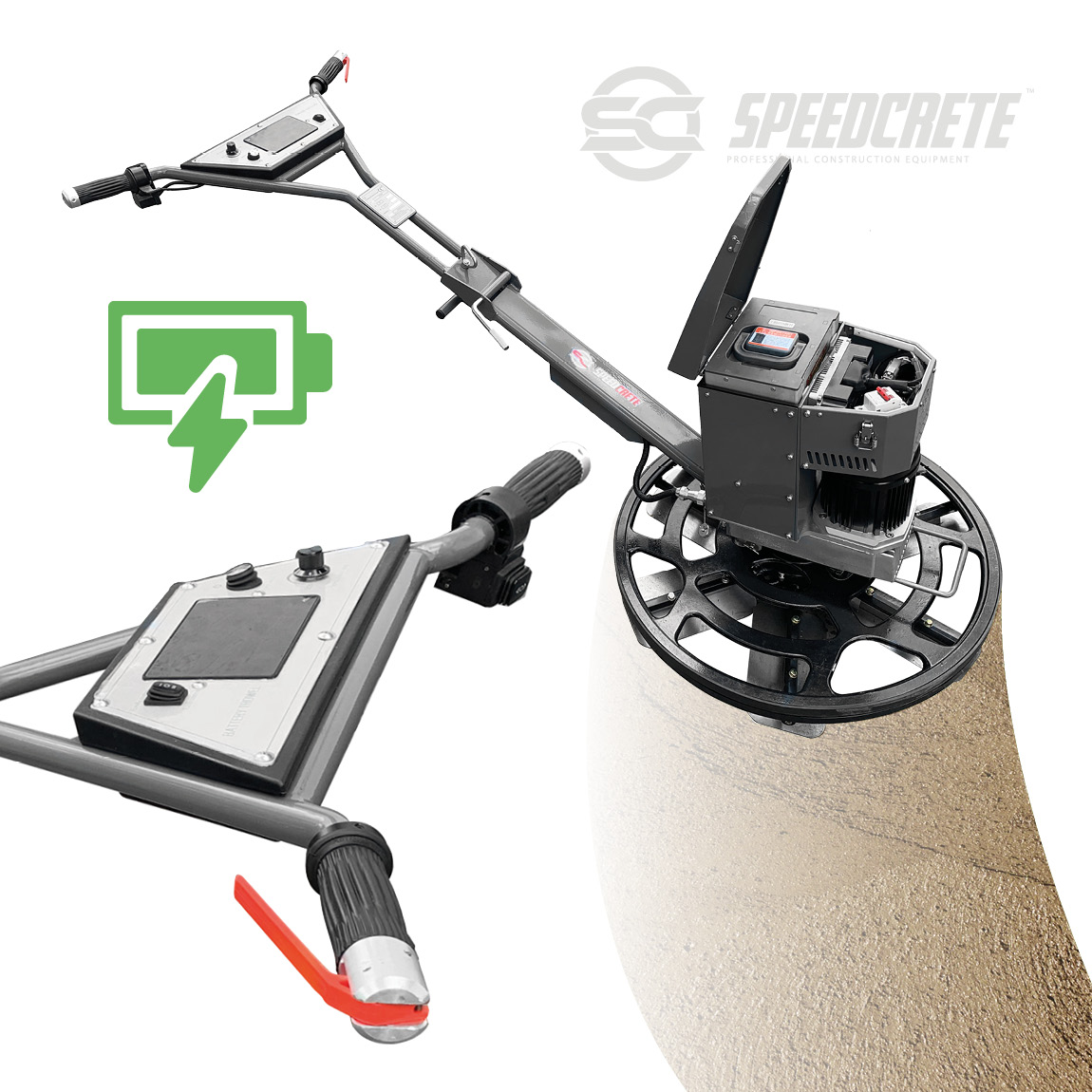 6 Blade battery operated edging trowel with electronic pitch blades available from Speedcrete, United Kingdom.
