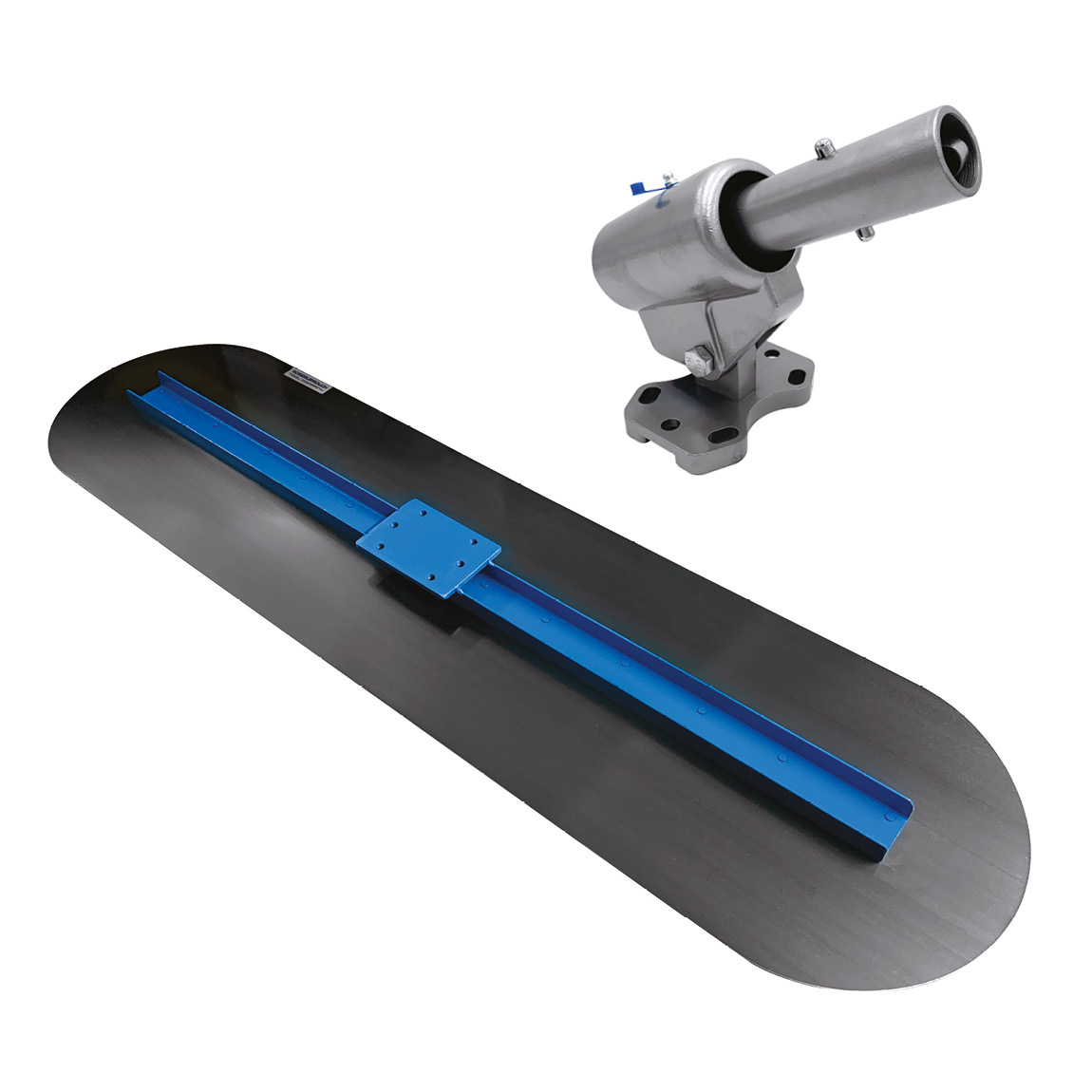 The Big Blue concrete finishing blade is used by concrete finishing professionals to smooth the surface via the use of snap handles and a tilt action mounting knucklehead. Speedcrete, United Kingdom.