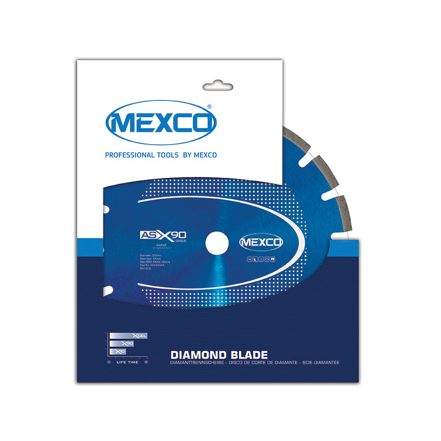 Mexco cutting disc used for concrete cutting. This concrete saw disc is ideal for green category hardness. Available from Speedcrete, United Kingdom.