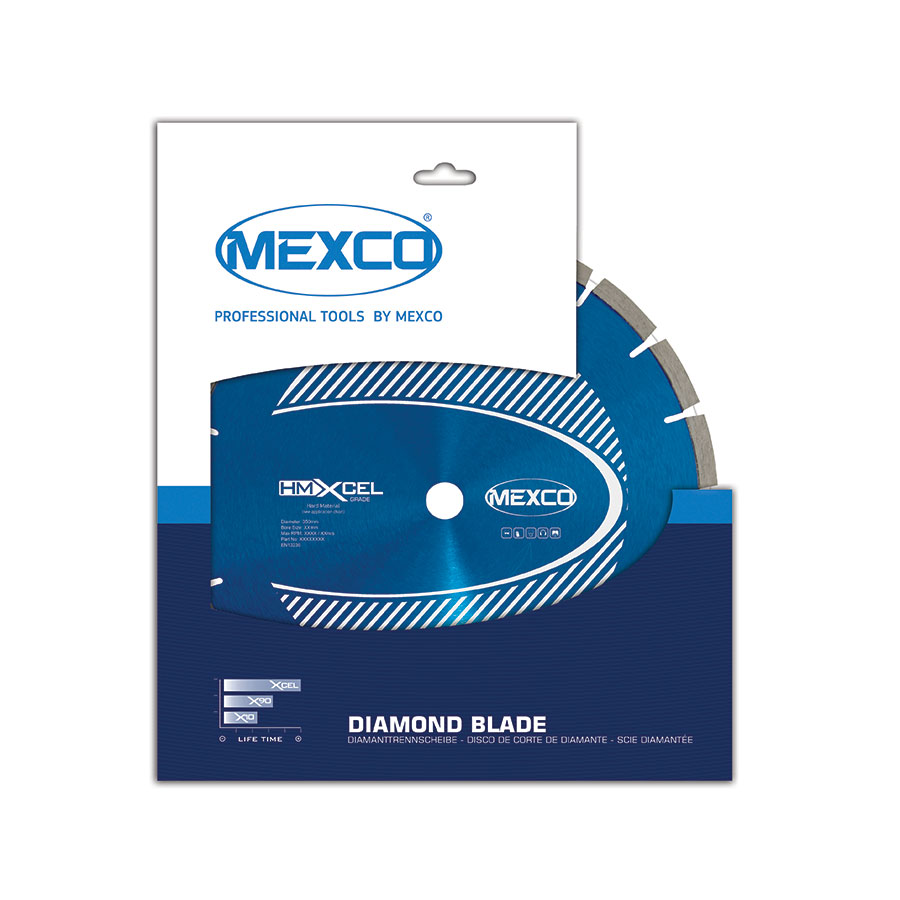 230mm Mexco Xcel Hard Material Blade. The performance of the HMX – Hard materials diamond blade can be attributed to its narrow gullet design and soft bond matrix. Available from Speedcrete, United Kingdom.