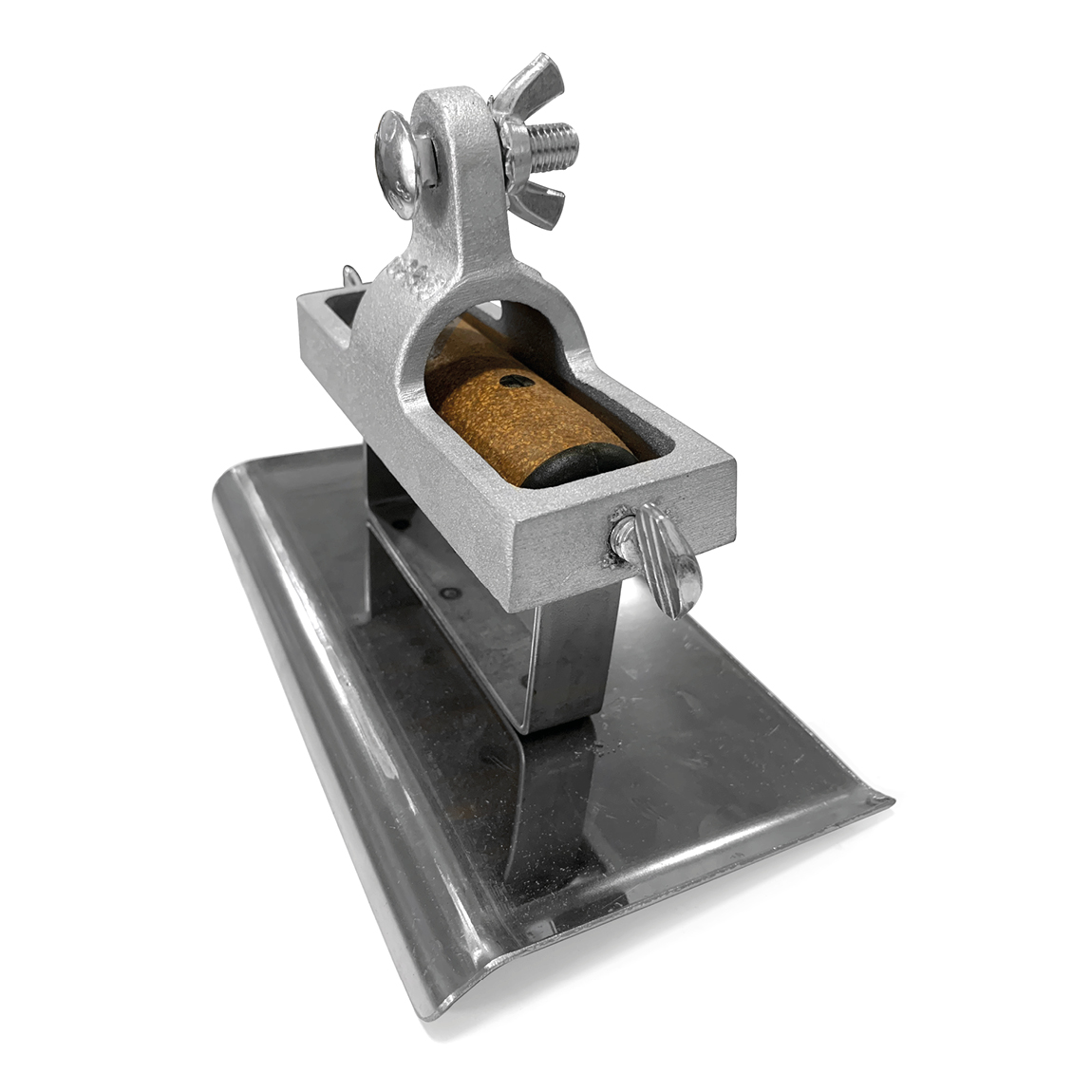 These brackets allow hand held groovers to be attached to long poles for large concrete slab reach. This float convertor bracket tightly holds your hand groover into a fixed position for accuracy at length. Available via Speedcrete, United Kingdom.
