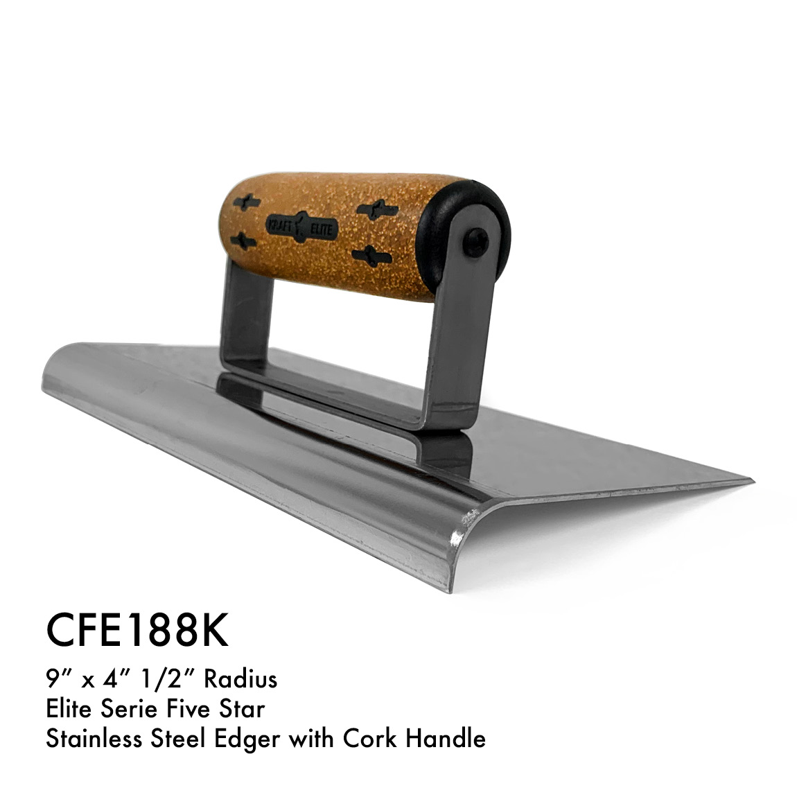 9" x 4" 1/2"R Elite Series Five Star™ NY Stainless Steel Highway Edger with Cork Handle. Available from Speedcrete, United Kingdom.