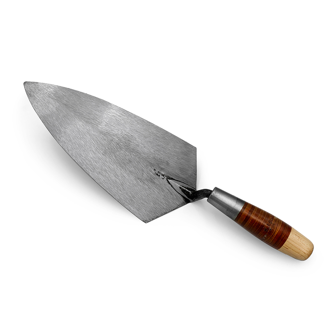 Philadelphia pattern with leather handle trowels made by W.Rose are supplied by Speedcrete, United Kingdom. The trowels are made from a single piece of forged crucible steel. Bricklayers tools.