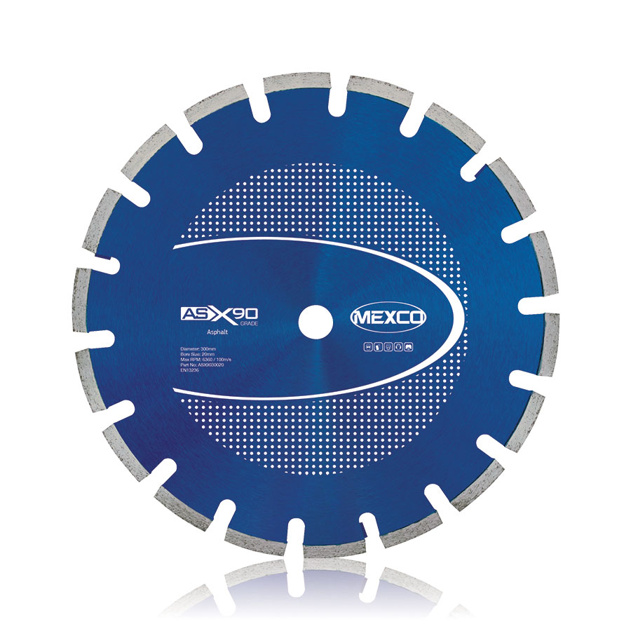 Mexco cutting disc used for concrete cutting. This concrete saw disc is ideal for green category hardness. Available from Speedcrete, United Kingdom.