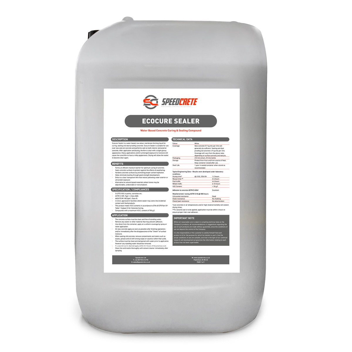 Ecocure Sealer 25 Litres is a water based curing agent which is sprayed on to the concrete to ensure hardness, resistant to dust. Available from Speedcrete, United Kingdom.