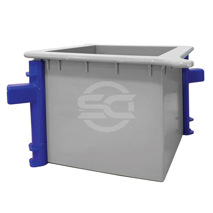 Cube mould for concrete testing. The plastic cube mould is reusable. The compressive strength of concrete in the UK is measured with a cube test which provides the manufacturer and customer with the strength of the concrete at both 7 and 28 days. Availabl Cube mould for concrete testing. The plastic cube mould is reusable. The compressive strength of concrete in the UK is measured with a cube test which provides the manufacturer and customer with the strength of the concrete at both 7 and 28 days. Availabl