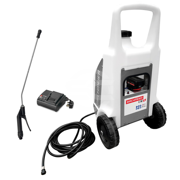 Two-wheel battery-operated 50 litre sprayer with CAS battery powered system. Electronic pressure control, powerful, quiet and environmentally friendly. Available from Speedcrete, United Kingdom.