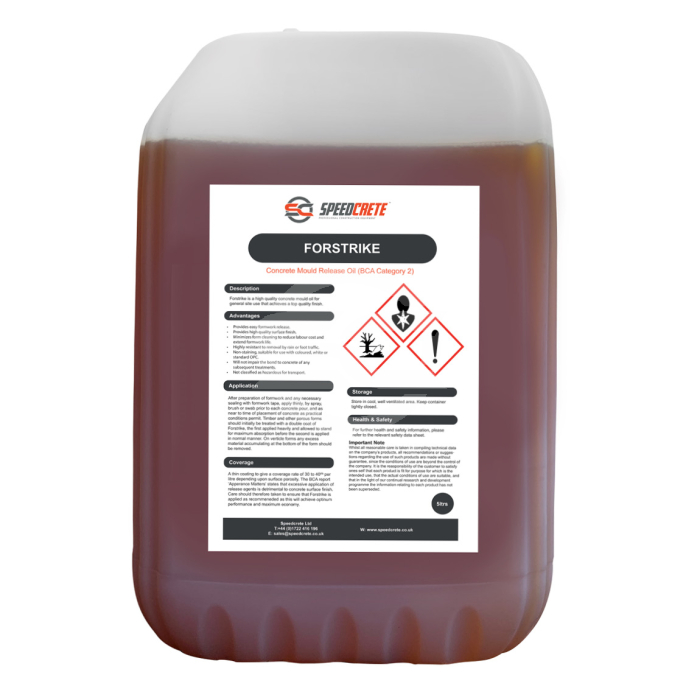 Forstrike 25 Litres Drum of Premium concrete mould oil prevents concrete adhering to formwork surfaces and ensures a clean 'strike' off the formwork subsequent to the concrete pour. Available from Speedcrete, United Kingdom.