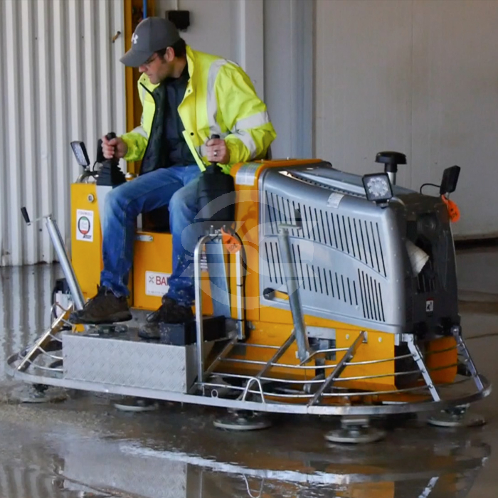 A concrete ride-on power trowel can be converted to house grinding and polishing planetary discs which can be used to grind down surfaces. Available from Speedcrete, United Kingdom.