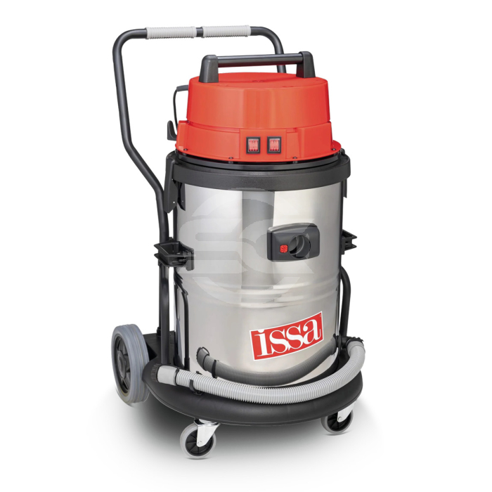 The ISSA640M-110V is a powerful industrial wet and dry vacuum cleaner designed for heavy-duty cleaning applications. Operating on 110 volts, it is equipped with three 1200-watt motors that deliver a combined air flow of 630 m³/h and a strong suction perfo