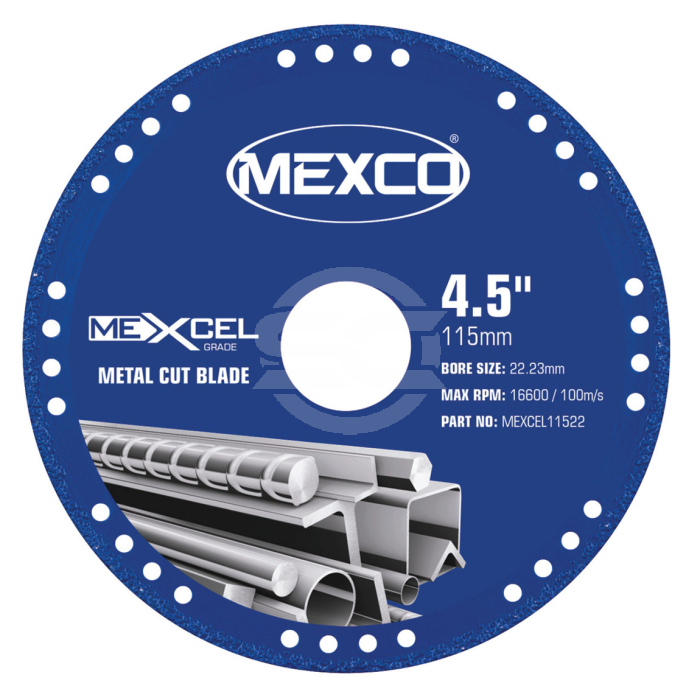 The MEXCEL vacuum brazed metal cutting blade provides superior cutting precision. The perforated steel core design reduces heat build-up and ensures quick cooling – perfect for intensive use. Available from Speedcrete, United Kingdom.