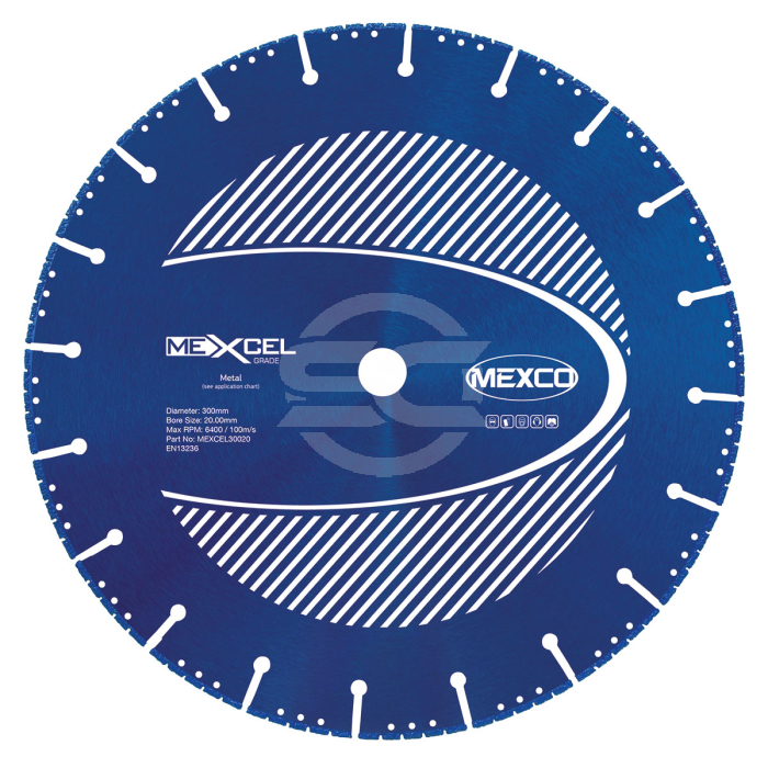 Mexco MEXCEL 300mm Diamond Blade - 20mm Bore. The perforated steel core design reduces heat build-up and ensures quick cooling – perfect for intensive use. Speedcrete, United Kingdom.