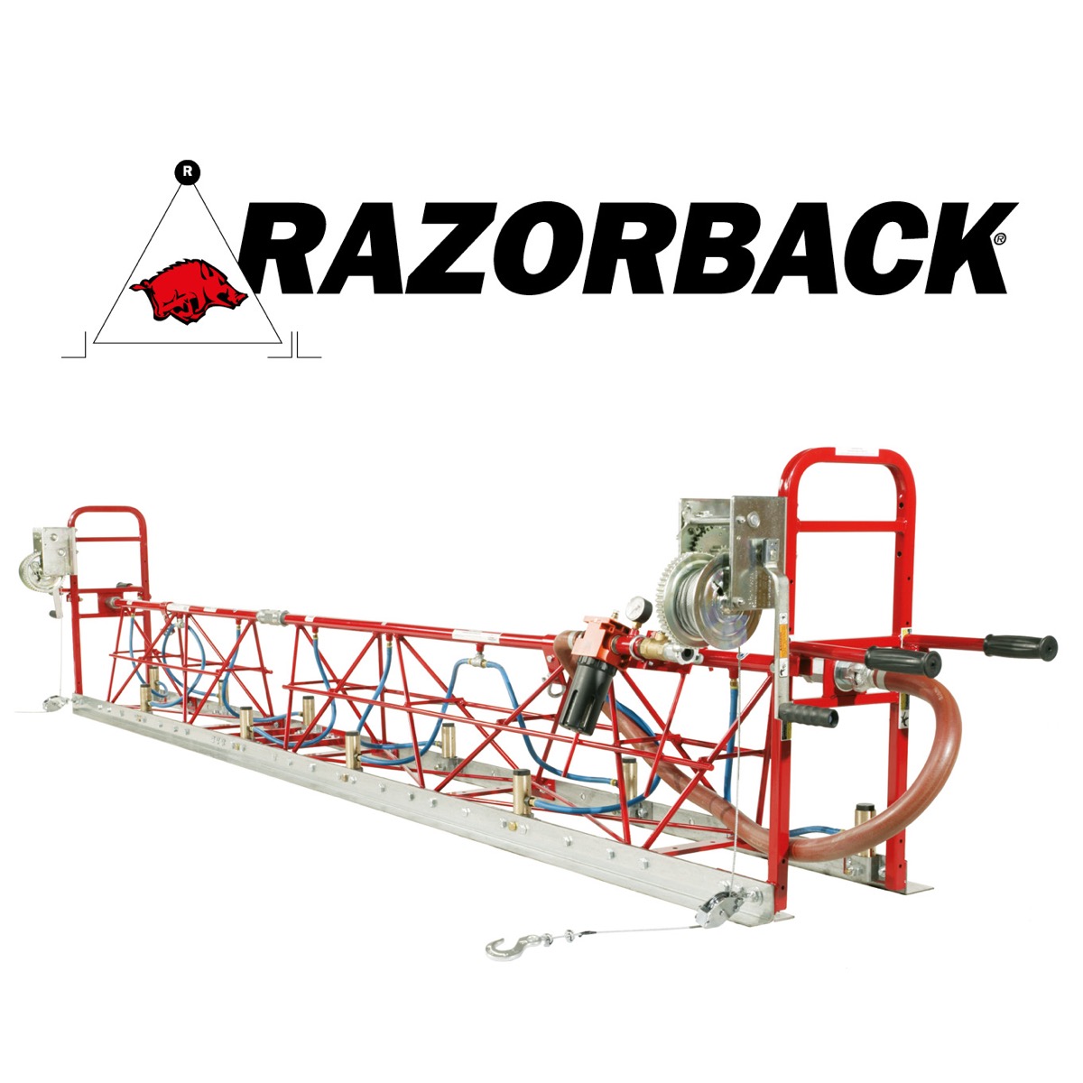 The Razorback Truss Screed is driven by compressed air and pulled along the slab via a winch. Levelling concrete along a form in this manner produces concrete bays of a high quality especially for PQ Jobs. The Razorback Truss Screed is driven by compressed air and pulled along the slab via a winch. Levelling concrete along a form in this manner produces concrete bays of a high quality especially for PQ Jobs.