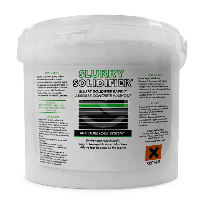 Solidifier for concrete. This slurry solidifier rapidly absorbs concrete washout allowing for quick transportation. Available from Speedcrete, United Kingdom.