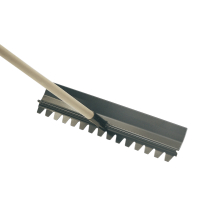 Dual faced steel rake steel head and straight broom handle, available from Speedcrete, United Kingdom.