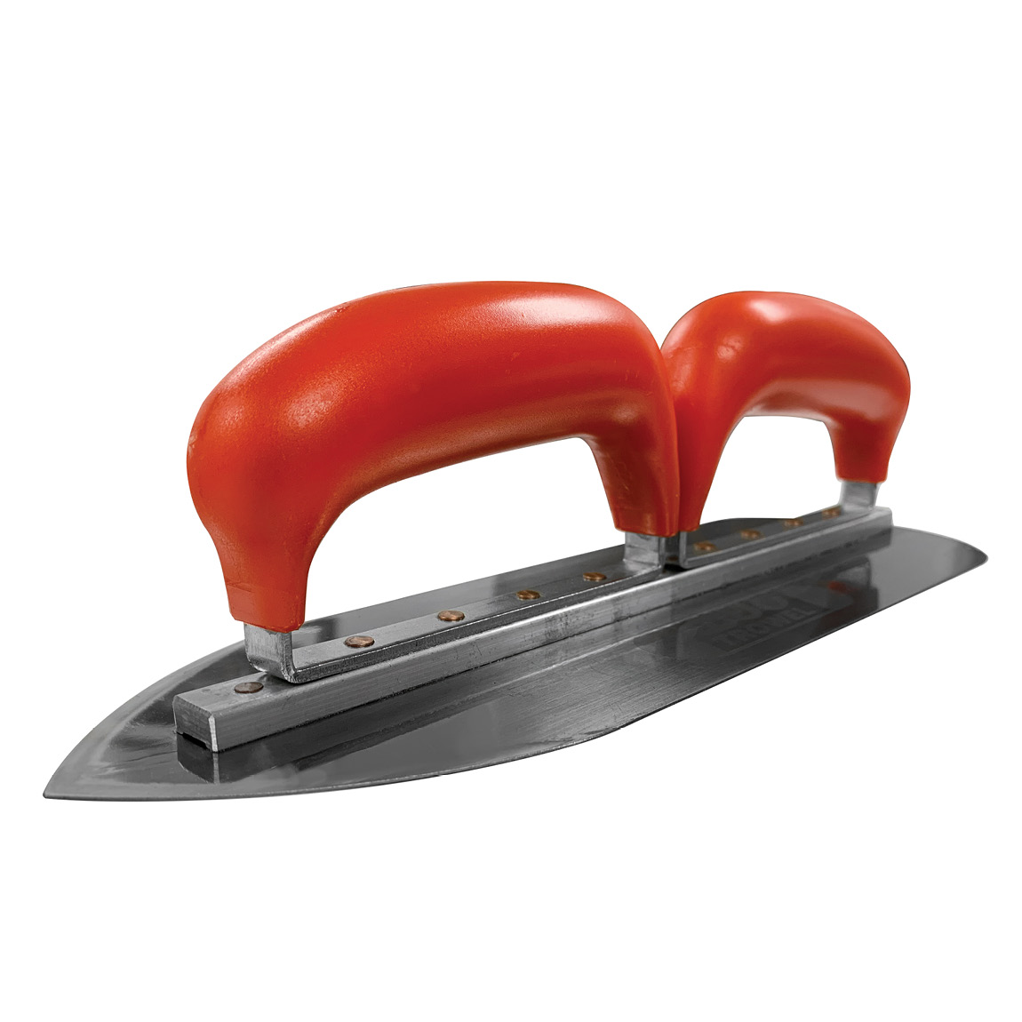 Resin Double Handle Duo Trowel 300mm x 100mm with pointed end. This small trowel has been designed so that both hands can be used to apply the optimal pressure required to place resin bound gravel material. It adds both comfort and control.