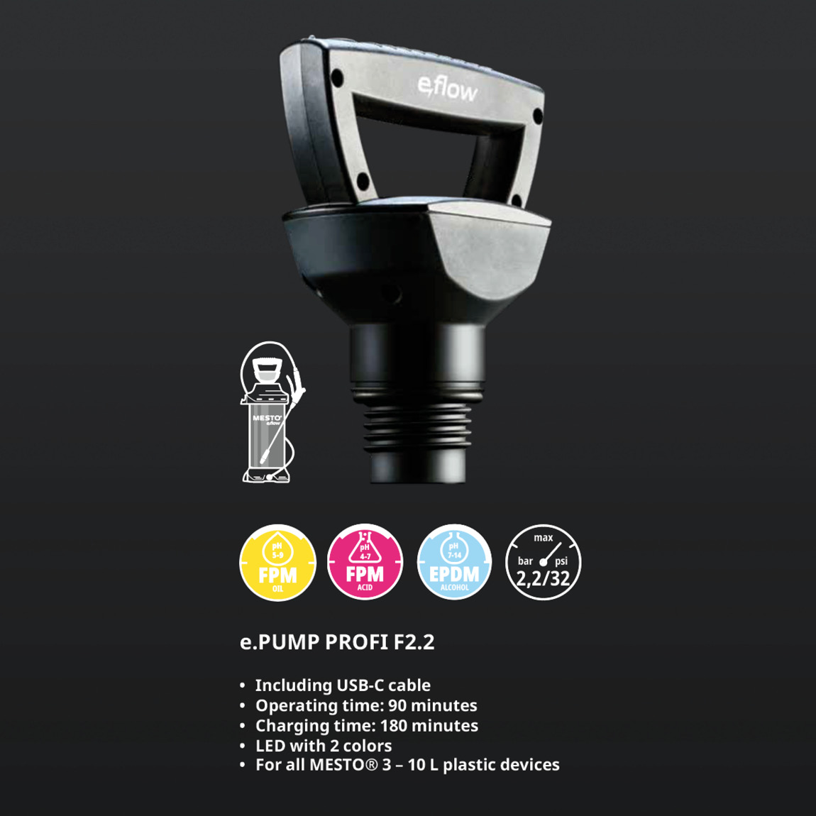 The e.PUMP PROFI maintains a steady pressure of 1.8 to 2.2 bar without any need for manual pumping, ensuring continuous and effortless operation. With an operating time of 90 minutes, it efficiently covers large areas, making spraying effortless and conve