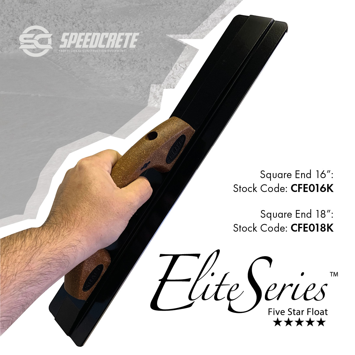 18" x 3-1/4" Elite Series Five Star™ Square/Square End Magnesium Float with Cork Handle. Made for concrete finishing, available from Speedcrete in the United Kingdom.