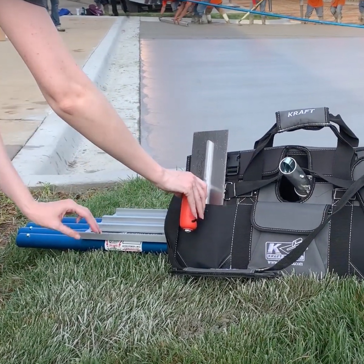 Carry all of your concrete finishing tools at once! Durable, water-resistant polyester backed with PVC material Ezy-tote Carrier from Kraft Tools. Available from Speedcrete, United Kingdom.