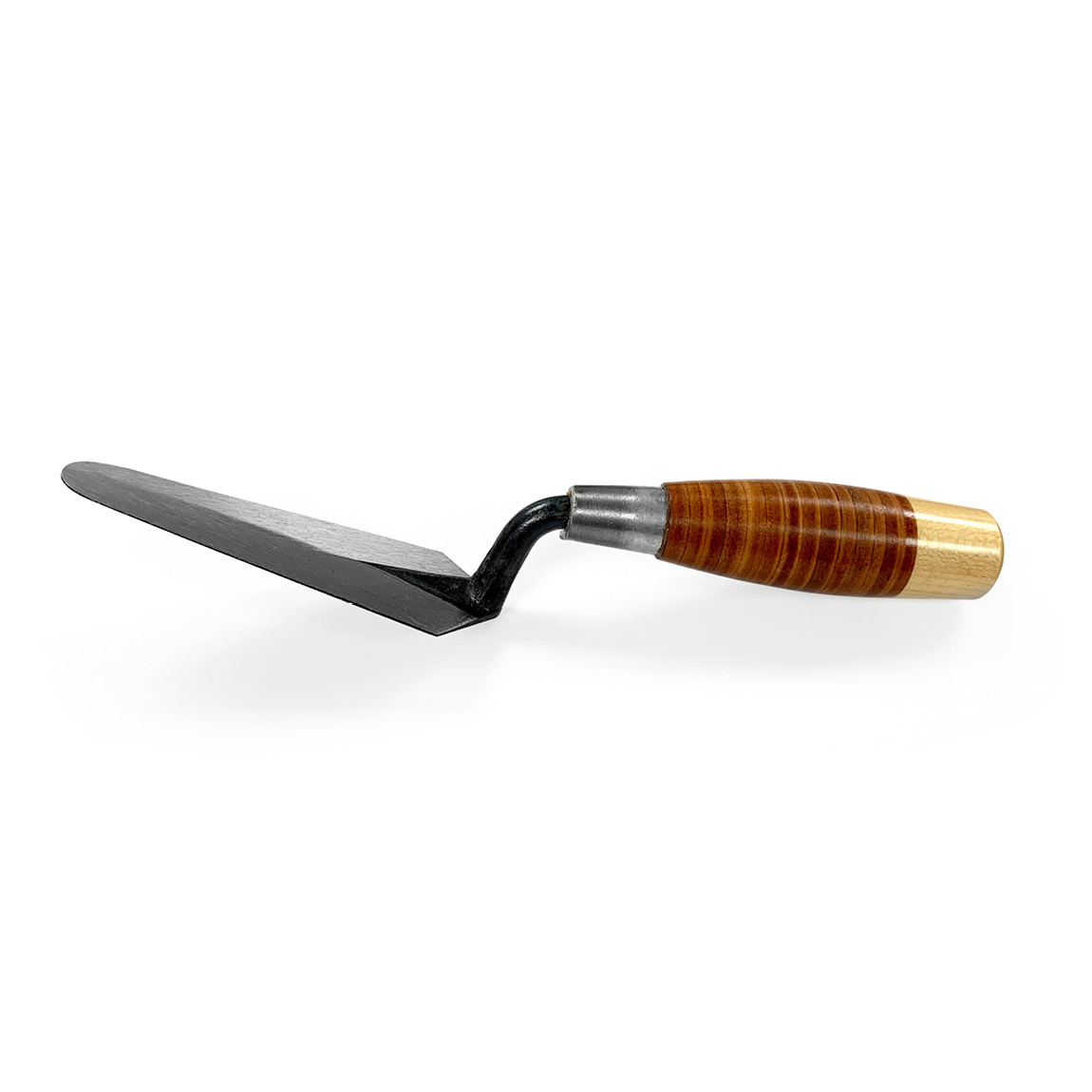 W.Rose Cross Joint Trowels 5" x 1 3/4" Leather Handle.
The rounded end blade is excellent for applying mortar in small areas. The versatile blade is great for mixing, scraping, patching and repair. A handy tool for the everyday needs of a professional Br