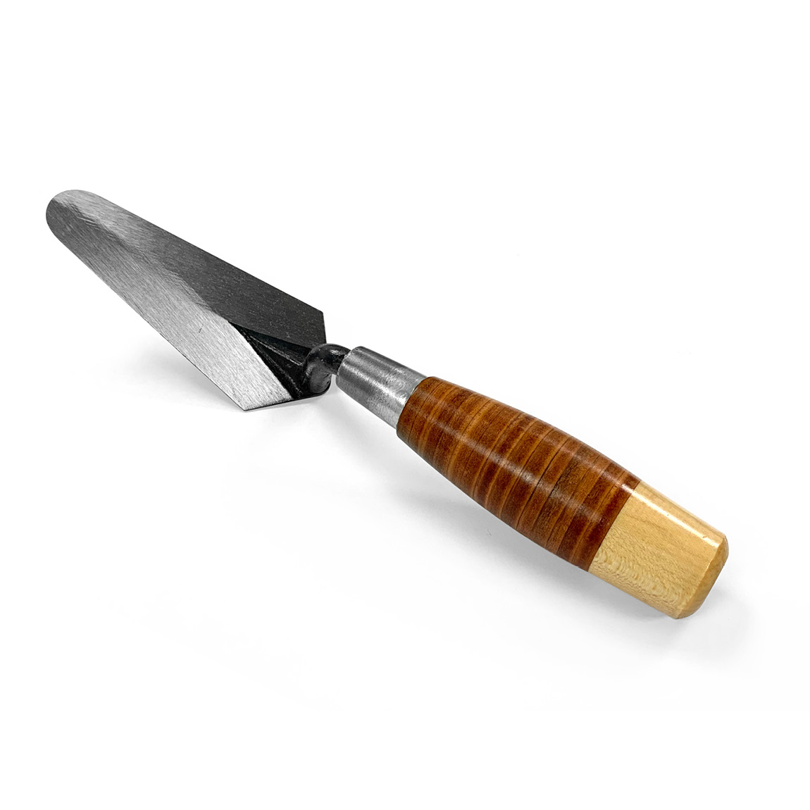 W.Rose Cross Joint Trowels 5" x 1 3/4" Leather Handle.
The rounded end blade is excellent for applying mortar in small areas. The versatile blade is great for mixing, scraping, patching and repair. A handy tool for the everyday needs of a professional Br