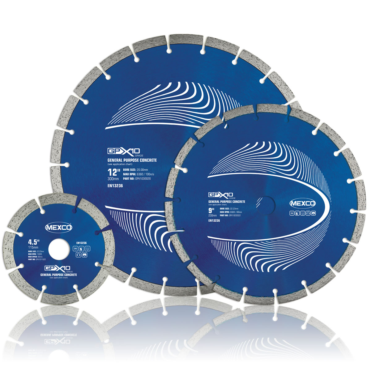 300mm Mexco GPX Concrete Blade. The GPX10 offers a cost effective solution for the user who requires a diamond blade that can cope with the cutting of the most widely used non-abrasive building materials. Available from Speedcrete, United Kingdom.