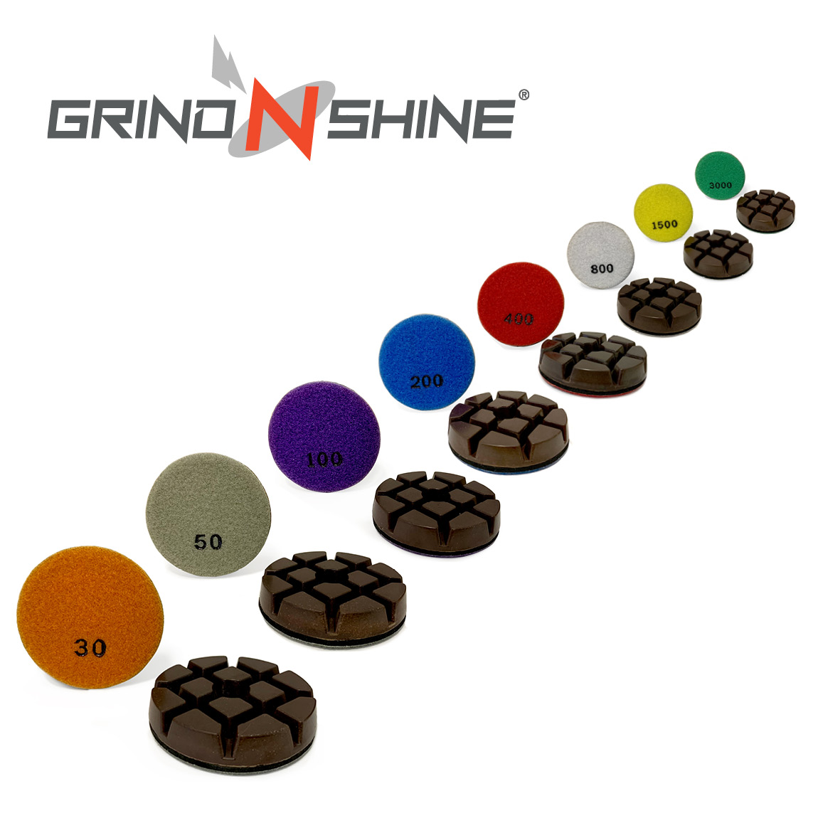 Resin Diamond pucks are used to grind concrete to a polished finish. This selection are copper infused and can last up to 20,000 square feet. Eight selection of grit levels can be velcro attached to a planetary Grinder. Available from Speedcrete, United K