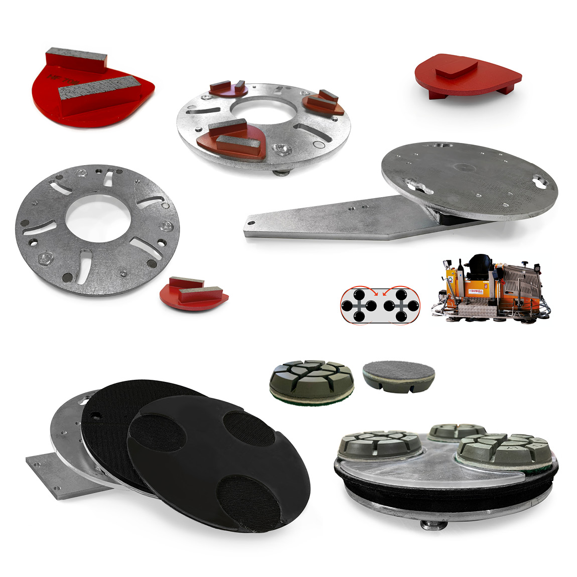 A concrete ride-on power trowel can be converted to house grinding and polishing planetary discs which can be used to grind down surfaces. Available from Speedcrete, United Kingdom.
