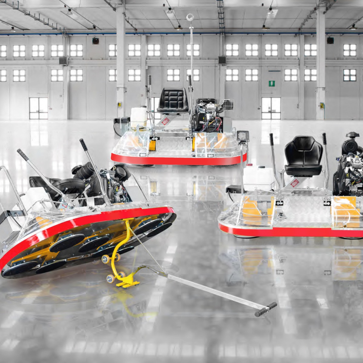 The Grind N Shine planetary tooling system is installed on our ride-on power trowels which is an efficient way to grind or polish large areas of concrete. Available in the United Kingdom.