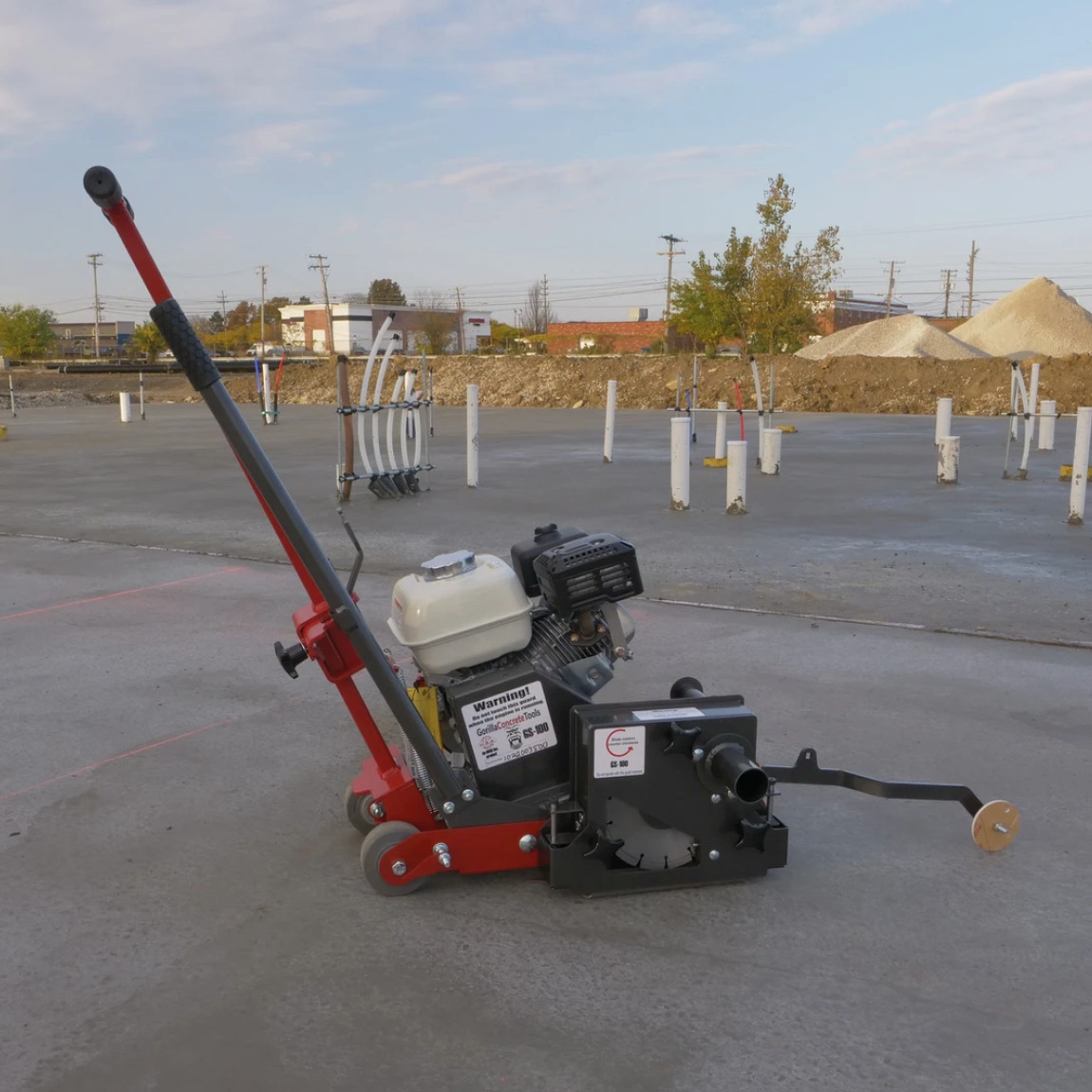 The GS-100 Series early entry concrete joint saw gives you a maximum depth of 2" on the slab. The petrol powered Honda GX200 engine gives you 5.5HP which is ample power. Uses an 8 inch blade. Available from Speedcrete, United Kingdom.