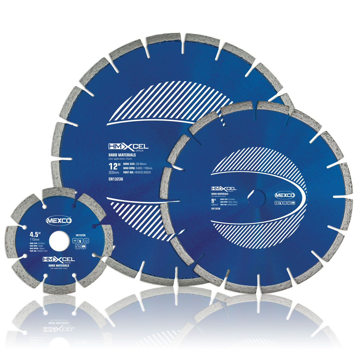 230mm Mexco Xcel Hard Material Blade. The performance of the HMX – Hard materials diamond blade can be attributed to its narrow gullet design and soft bond matrix. Available from Speedcrete, United Kingdom.