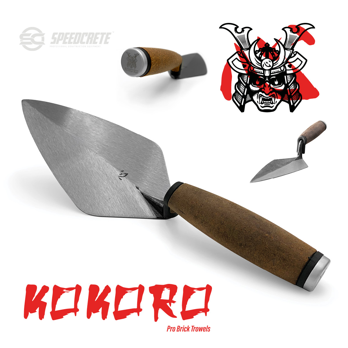 Leather handle kokoro bricklayers trowel in a narrow London style made from a single piece of forged steel. Available from Speedcrete, United Kingdom.