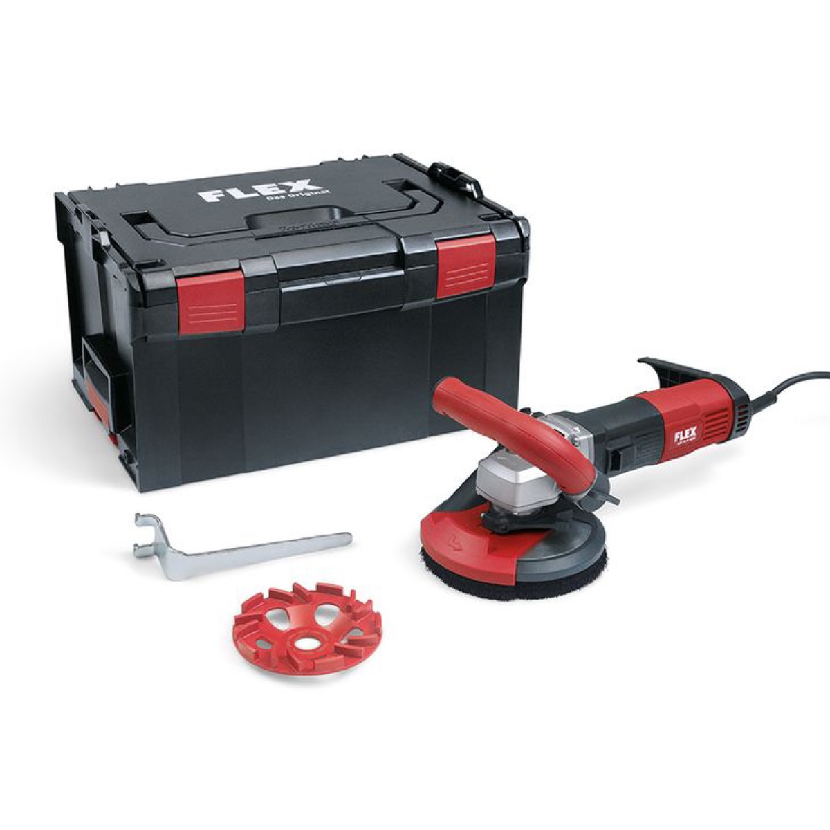 This hand held grinder kit comes with the Kit E-jet grinding disc. The grinder has a variable speed dial and can be us connected to a safety vacuum cleaner for dust-free edge grinding, 125 mm Available from Speedcrete, United Kingdom.
