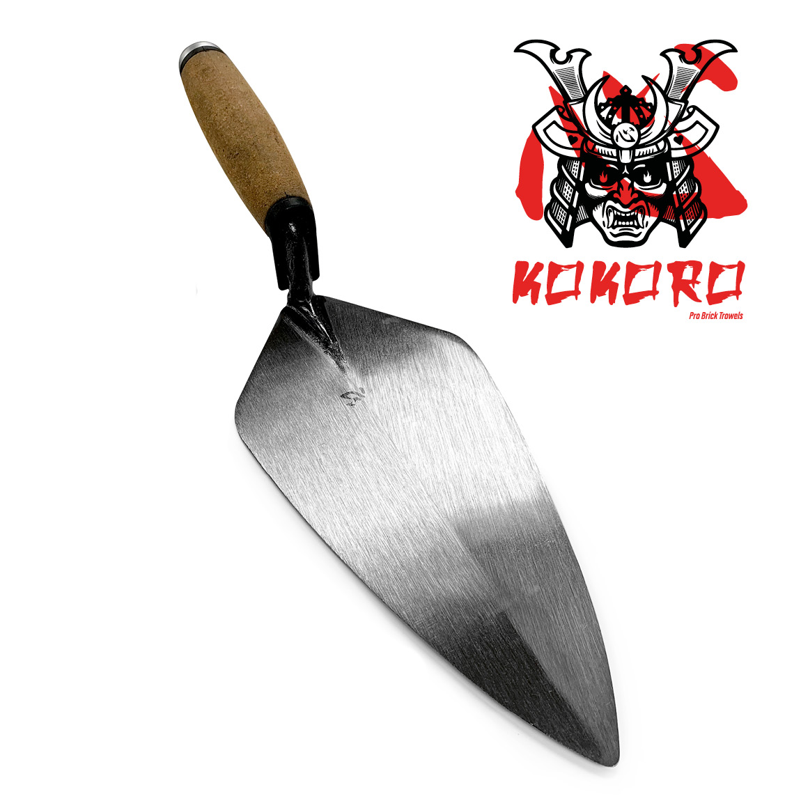 Leather handle kokoro bricklayers trowel in a narrow London style made from a single piece of forged steel. Available from Speedcrete, United Kingdom.