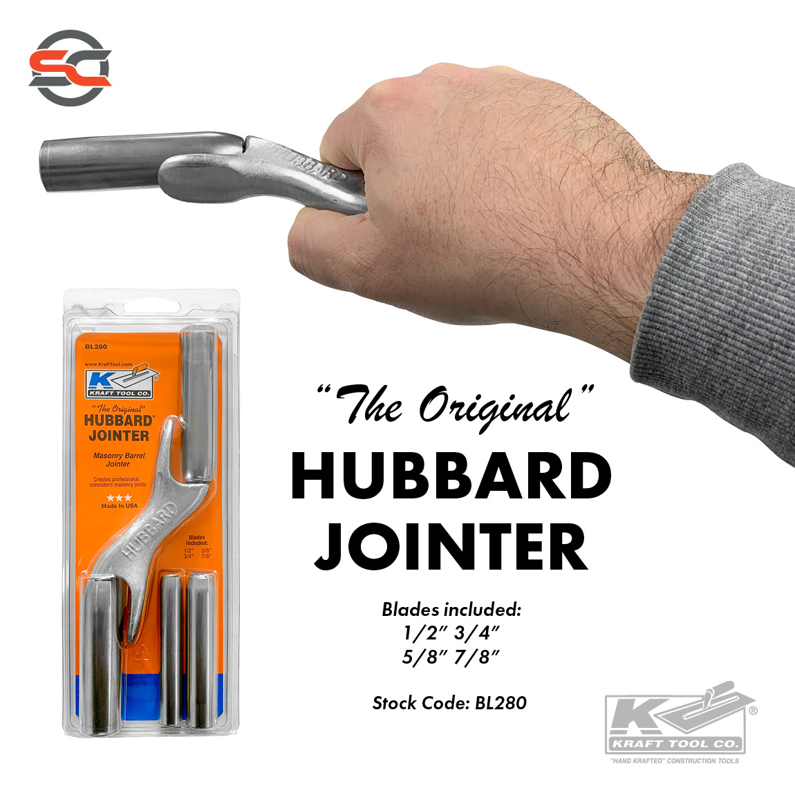 The Hubbard Brick Jointer's distinctive design allows for one tool to create four different joint sizes. The jointer comes with a 1/2