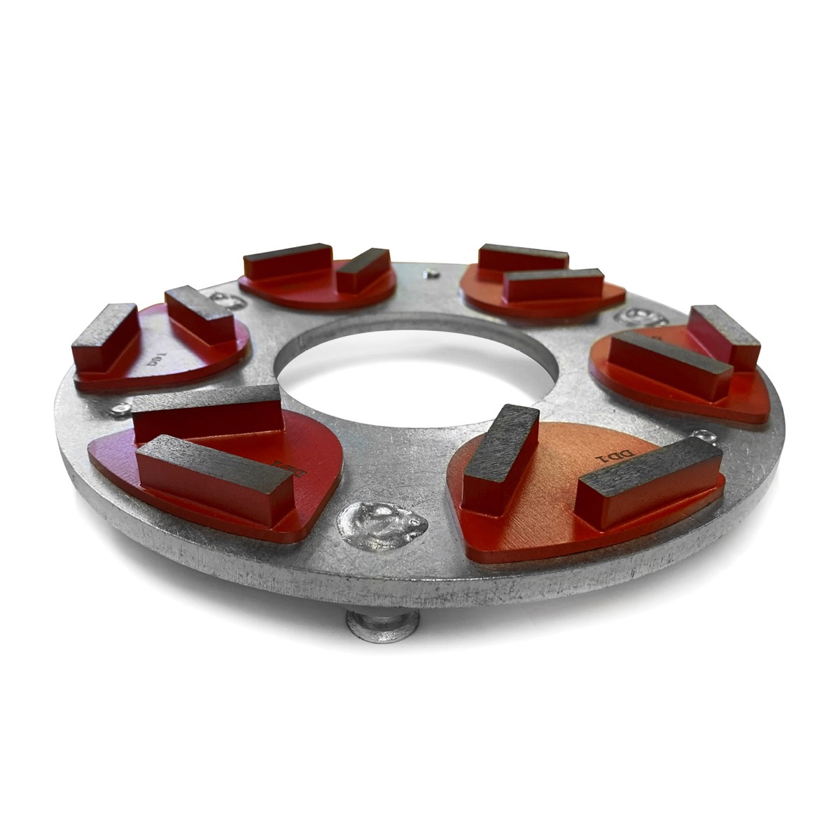 Grinding concrete abrasive holder for magnetic diamond grinding discs. This plate is designed to slot into the planetary arm plate system which can be attached to pedestrian and ride-on concrete trowels.