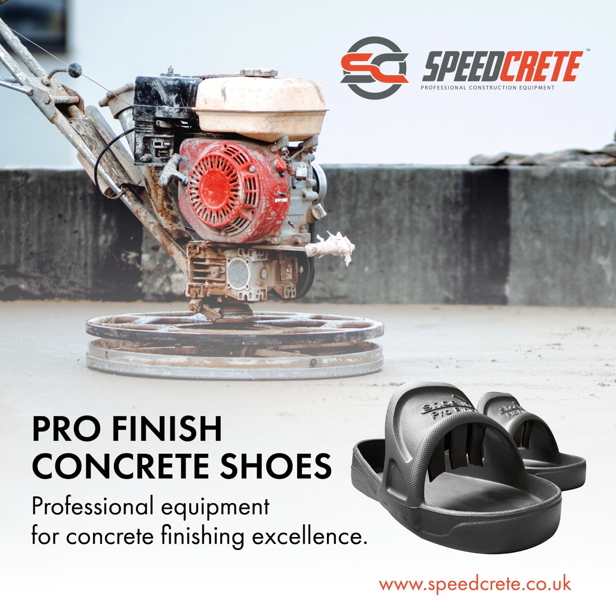 Float finishing shoes are designed to keep marks off the concrete. These flat shoes have a super smooth finish so when operating a float you can move across the surface making minimal grip marks. Available from speedcrete, United Kingdom.