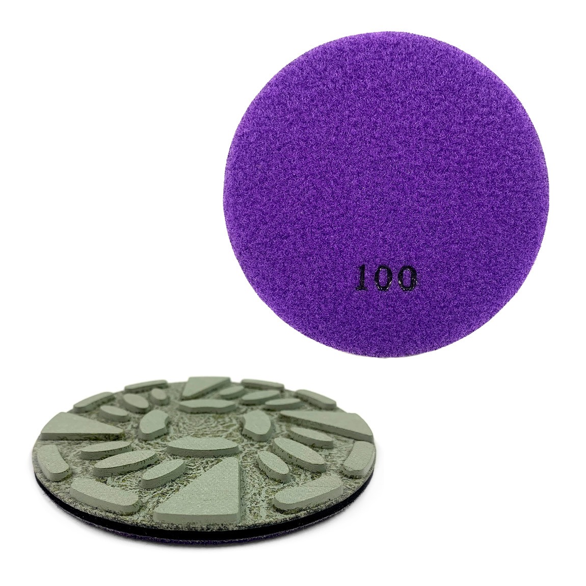 Diamond Resin Concrete Polishing Pizza-style Pads 125mm. These polishing pads are used on concrete surfaces and can be connected via a velcro system. Speedcrete, United Kingdom.