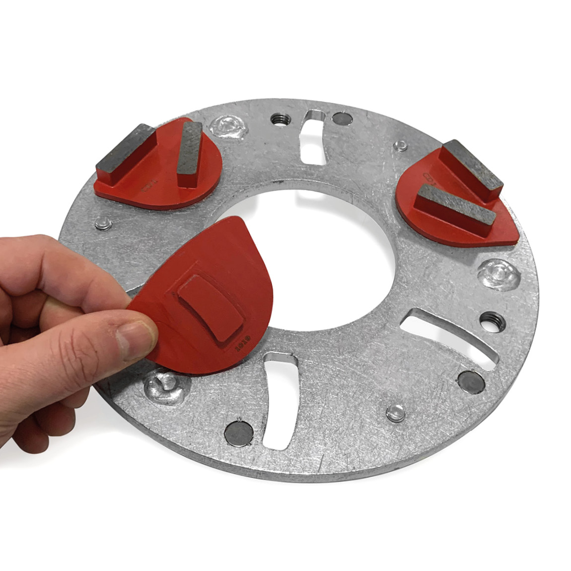 70 Grit Diamond Metalbond Abrasive Grinding Wings are suitable for the grinding concrete floors. 
These consumables fit numerous grinders via a tooling disc which magnetically holds them into place. The grit size of 70 is perfect as a first stage of grin