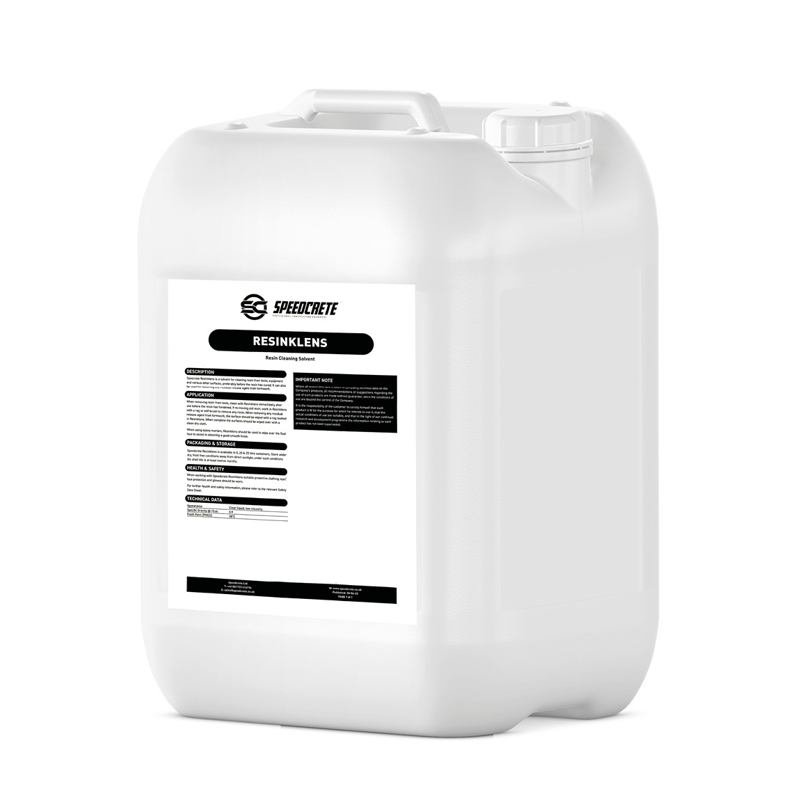 Resinklens is a solvent which is used to clean resin from tools, equipment and surfaces, preferably before the resin has cured. This solvent can also be used for removing residual release agent from formwork. Available from Speedcrete, United Kingdom.